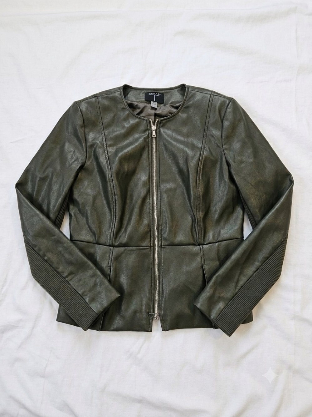Tahari Dark Olive Faux Leather Zip Jacket